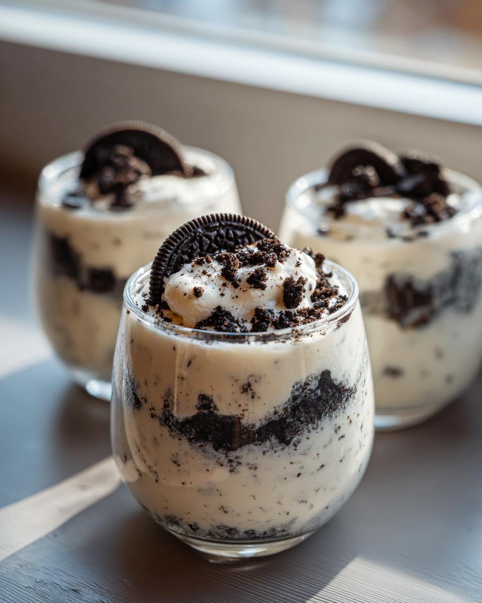 Three glasses filled with creamy Oreo Pudding layered with crushed cookies and topped with a whole cookie.