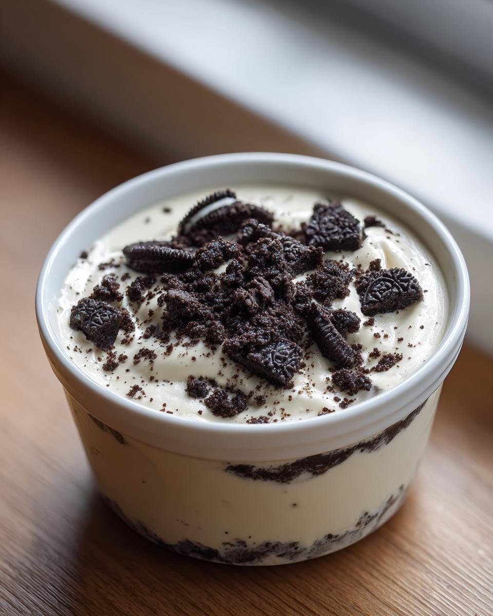 Close-up of creamy Oreo pudding layered with crushed chocolate cookies in a white ramekin.