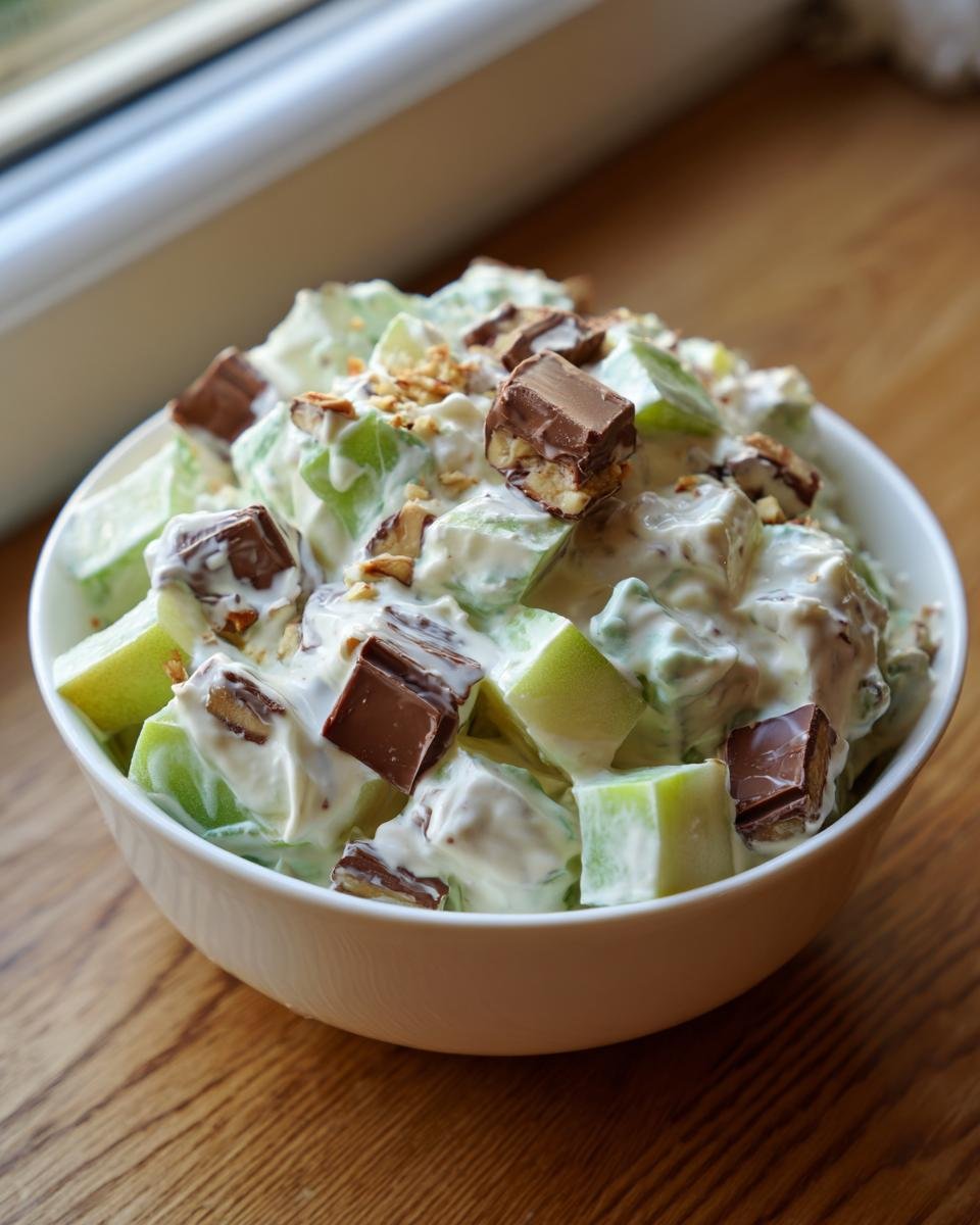 A white bowl filled with creamy Snickers Salad featuring green apple chunks, whipped topping, and chopped Snickers bars.