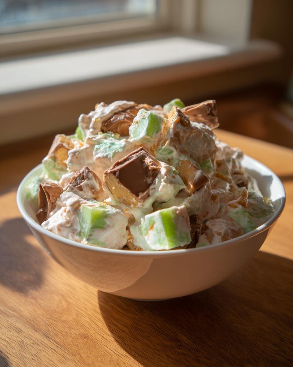 A white bowl filled with creamy Snickers Salad featuring chopped Snickers bars and green apple pieces.