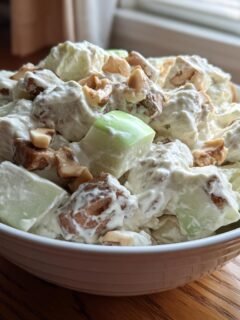 A white bowl filled with creamy Snickers Salad featuring chunks of apple, caramel, and nuts, set on a wooden table.
