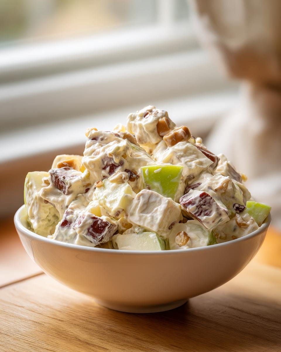 A close-up of a creamy bowl of Snickers Salad featuring chopped apples, caramel pieces, and nuts.