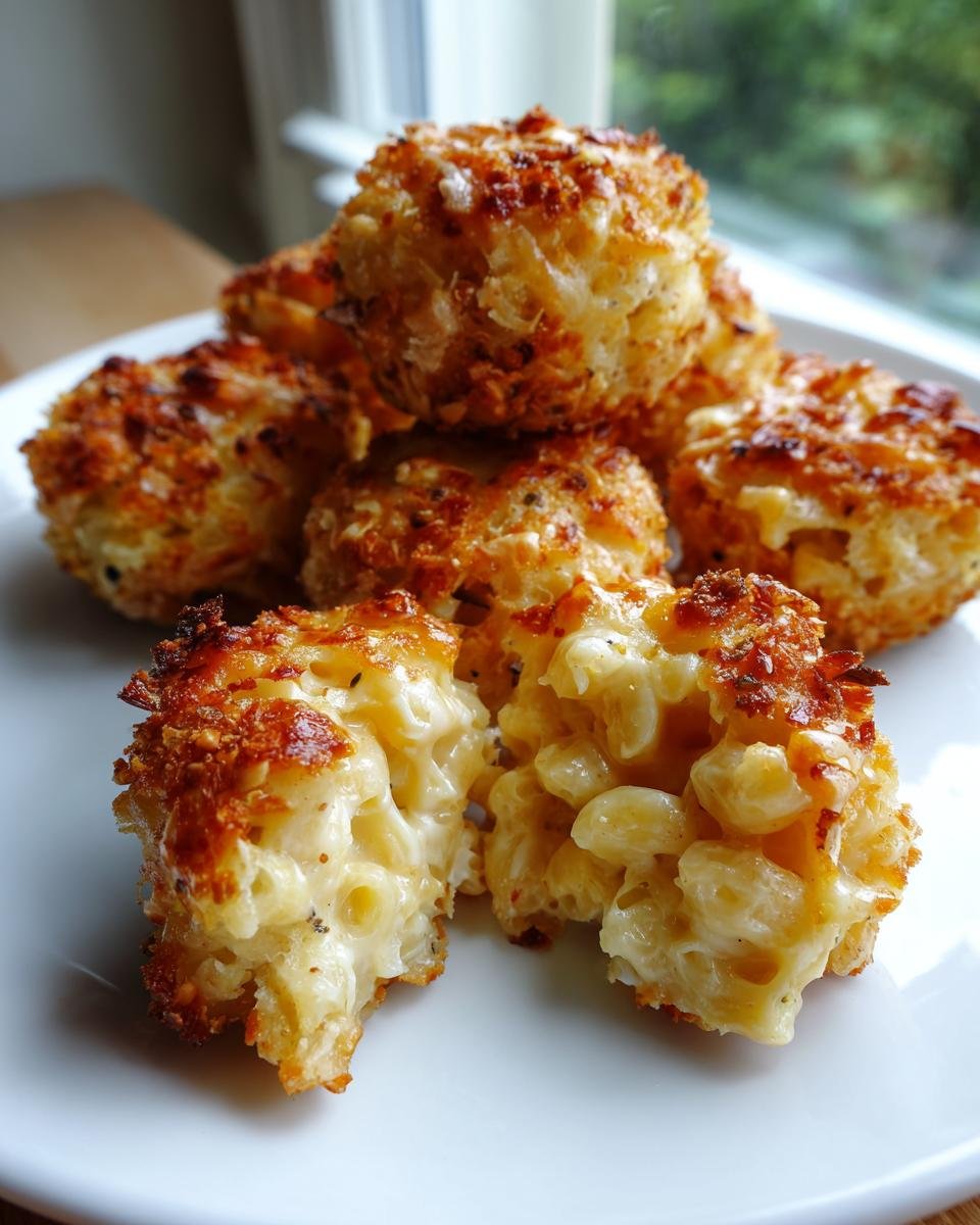 Close-up of crispy, golden Mac And Cheese Bites, one split open revealing creamy macaroni inside.
