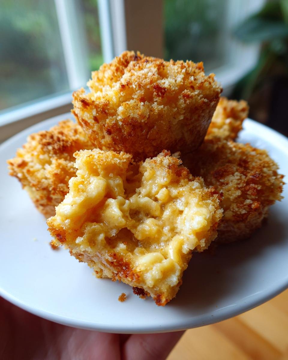 Close-up of crispy Mac And Cheese Bites, showing the cheesy interior of one that has been broken open.