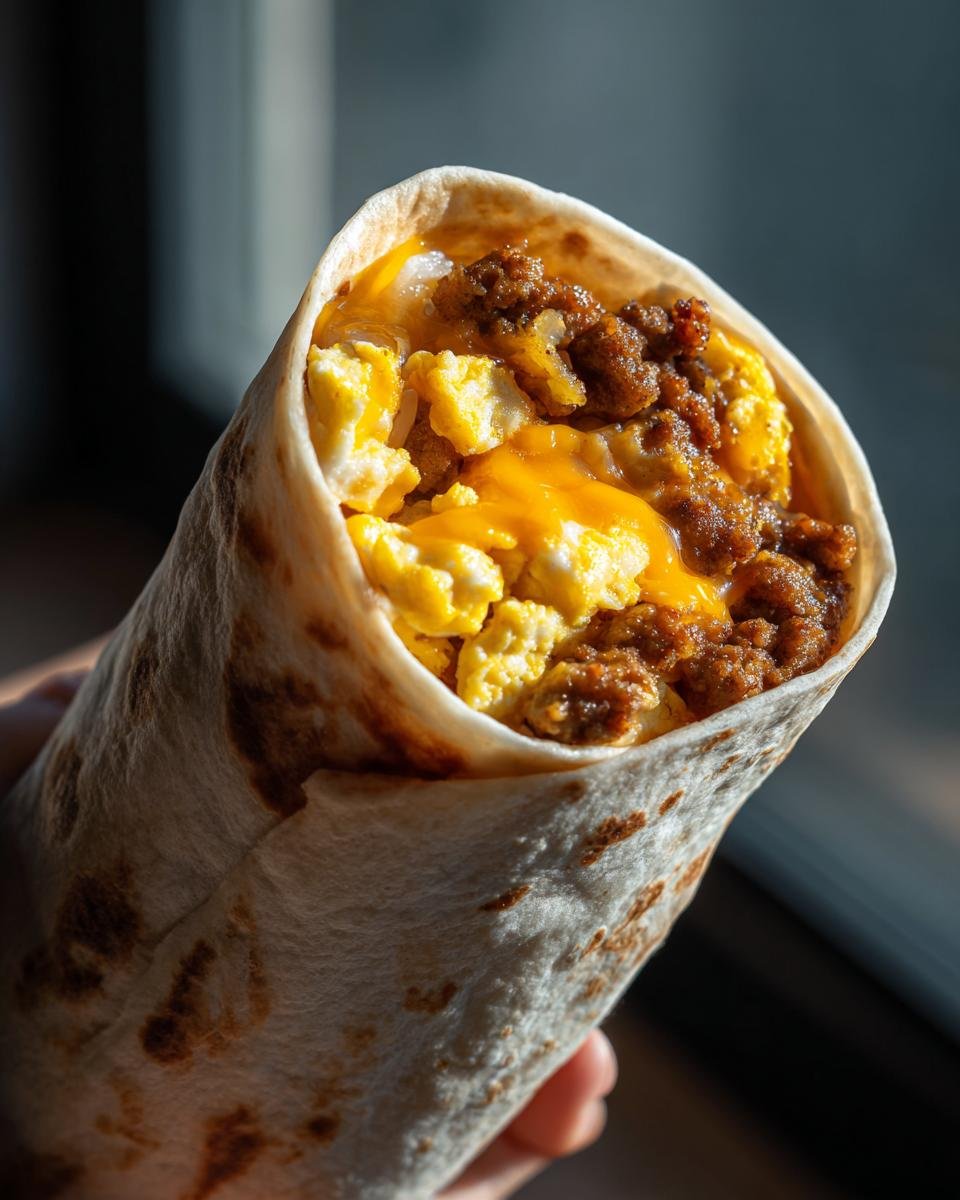 A hand holding a tightly wrapped Breakfast Burrito showing scrambled eggs, melted cheese, and seasoned ground meat filling.