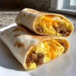 Two halves of a delicious Breakfast Burritos cut open, showing scrambled eggs, sausage, and melted cheese.