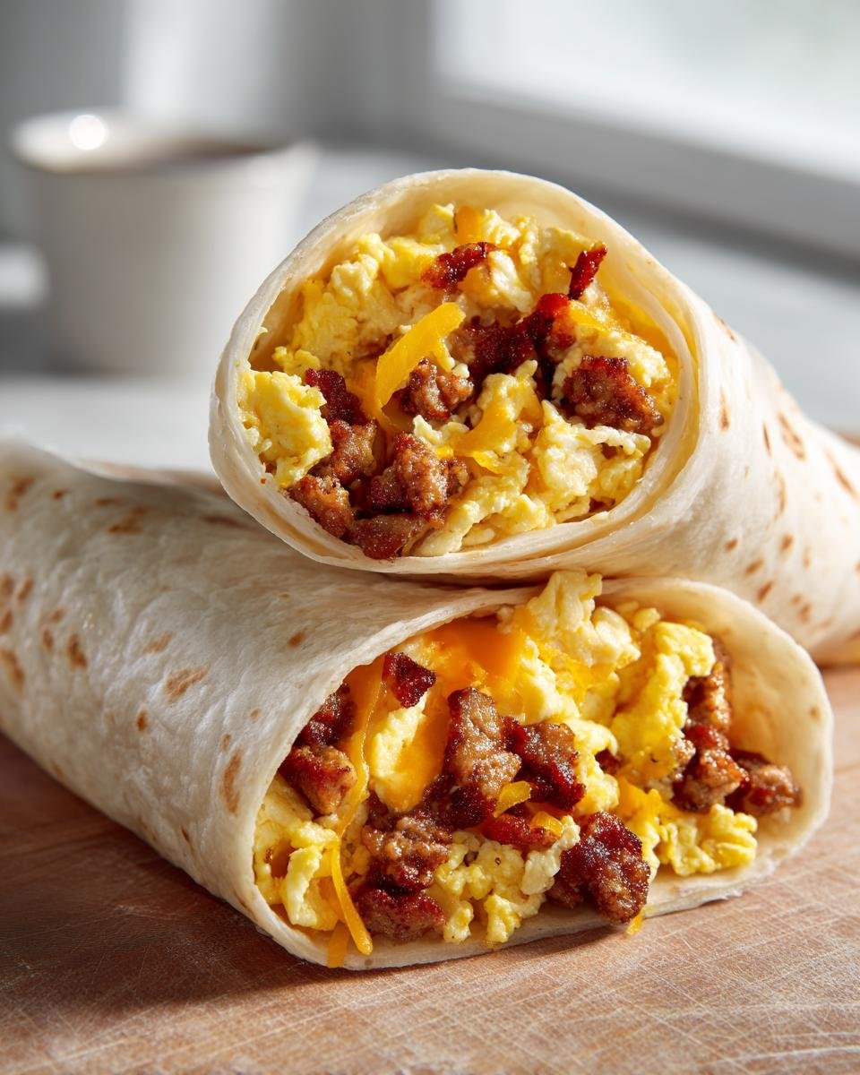 Two halves of a delicious Breakfast Burritos filled with scrambled eggs, sausage crumbles, and melted cheddar cheese.