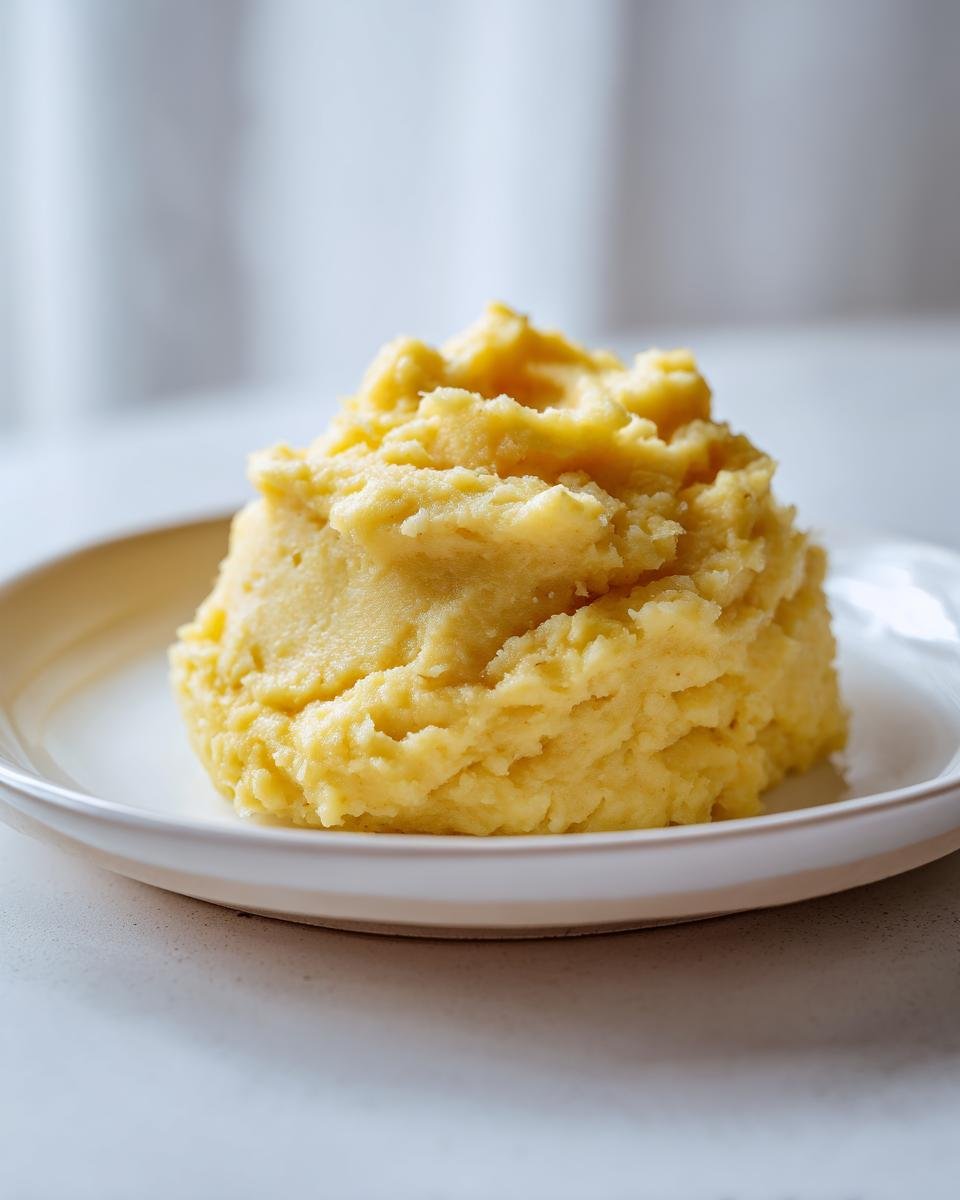 A mound of bright yellow, fluffy Mashed Rutabaga served simply on a white plate.