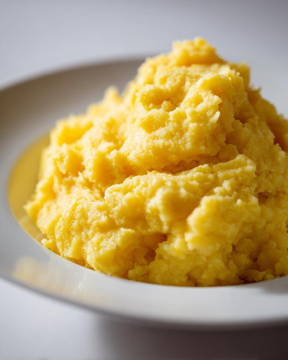 Close-up of a generous serving of bright yellow, fluffy Mashed Rutabaga piled high in a white bowl.