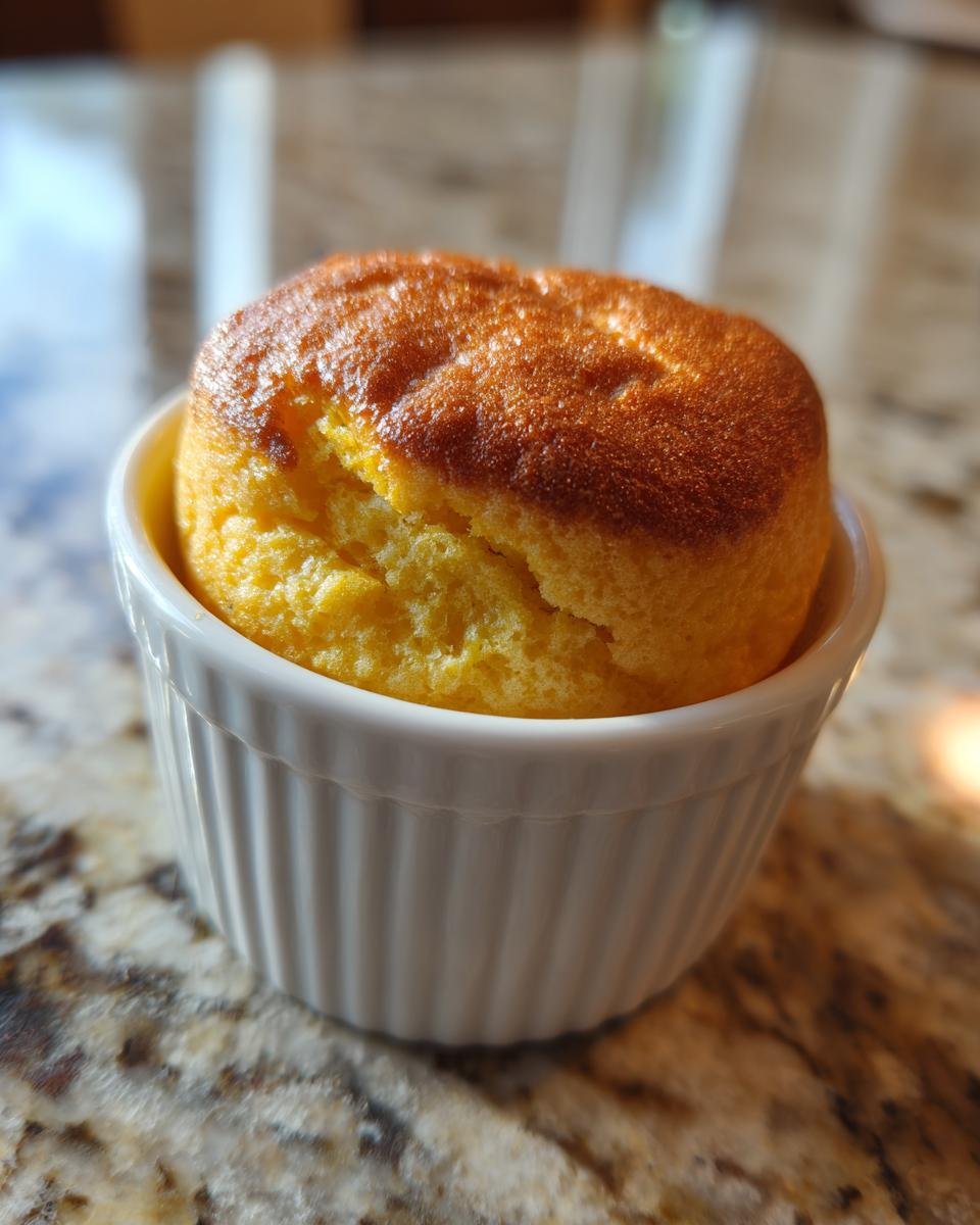A perfectly baked, golden-brown Sweet Potato Souffle rising over the rim of a white, fluted ramekin.