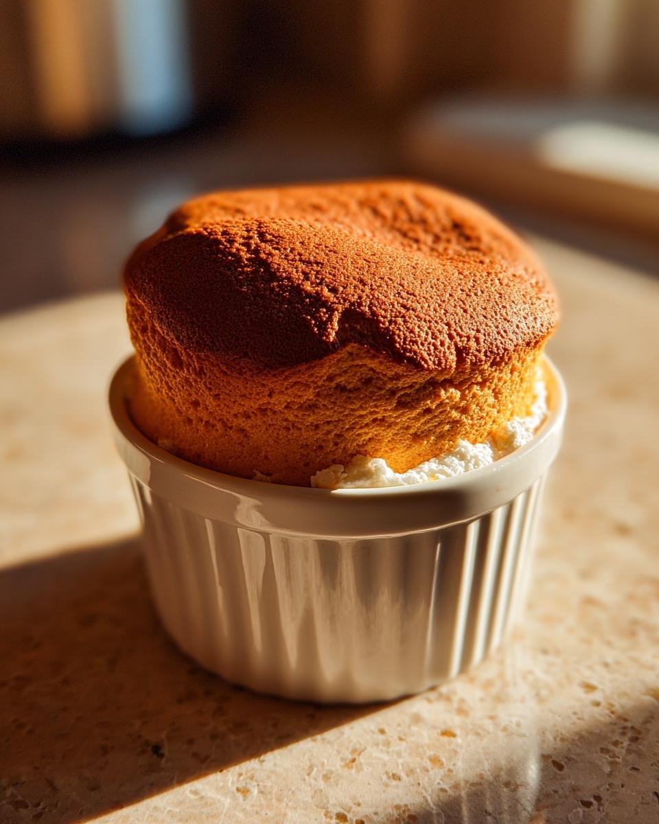 A perfectly risen, golden-brown Sweet Potato Souffle overflowing a white fluted ramekin.
