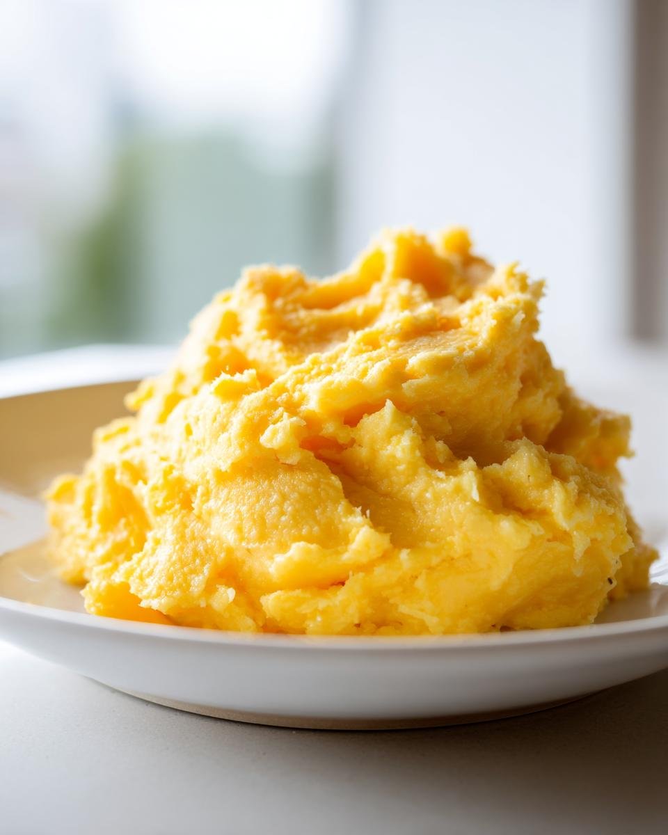 A mound of bright yellow, fluffy spread, likely mashed sweet potatoes or squash, made with Honey Butter.