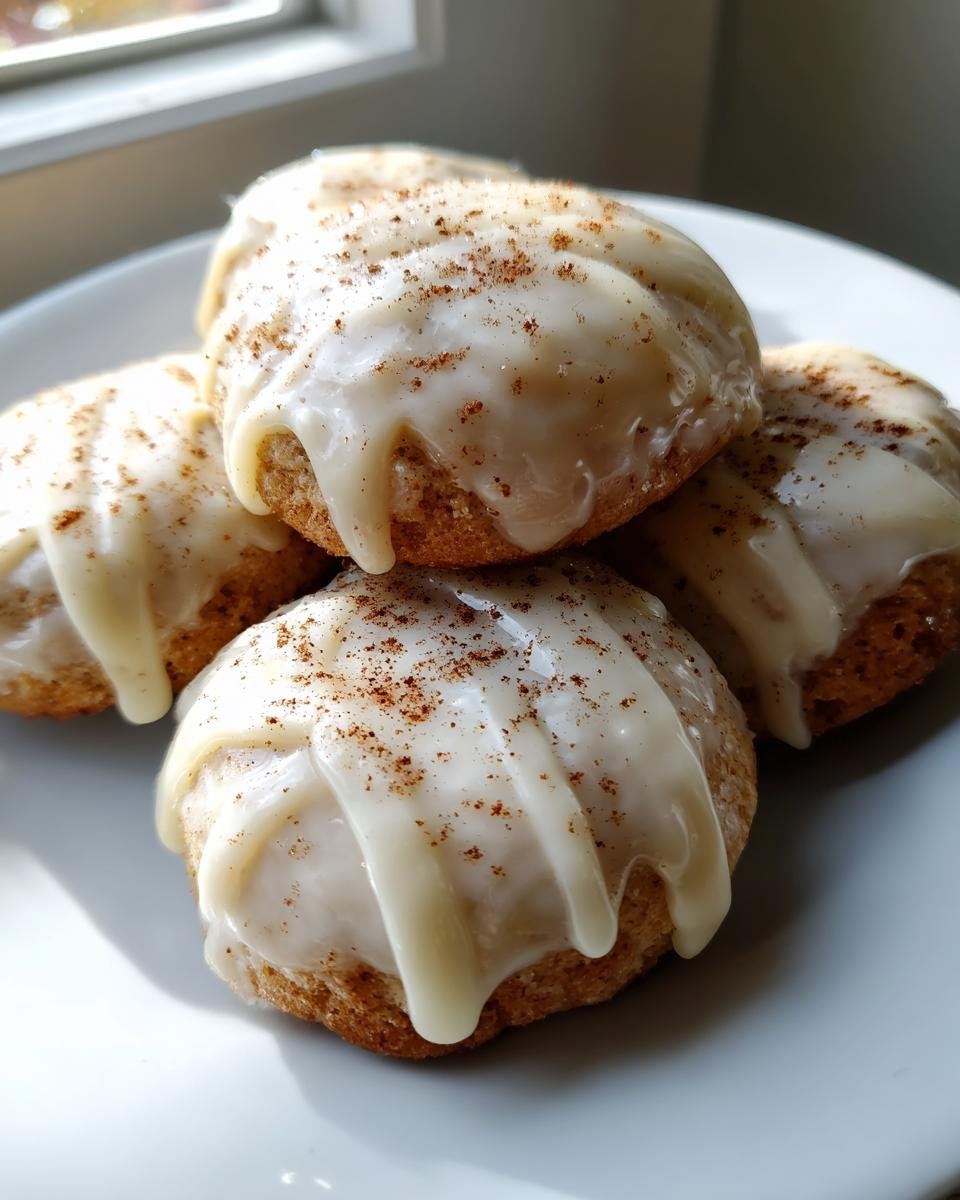 A close-up stack of four Frosted Eggnog Cookies topped with thick white glaze and sprinkled with cinnamon.
