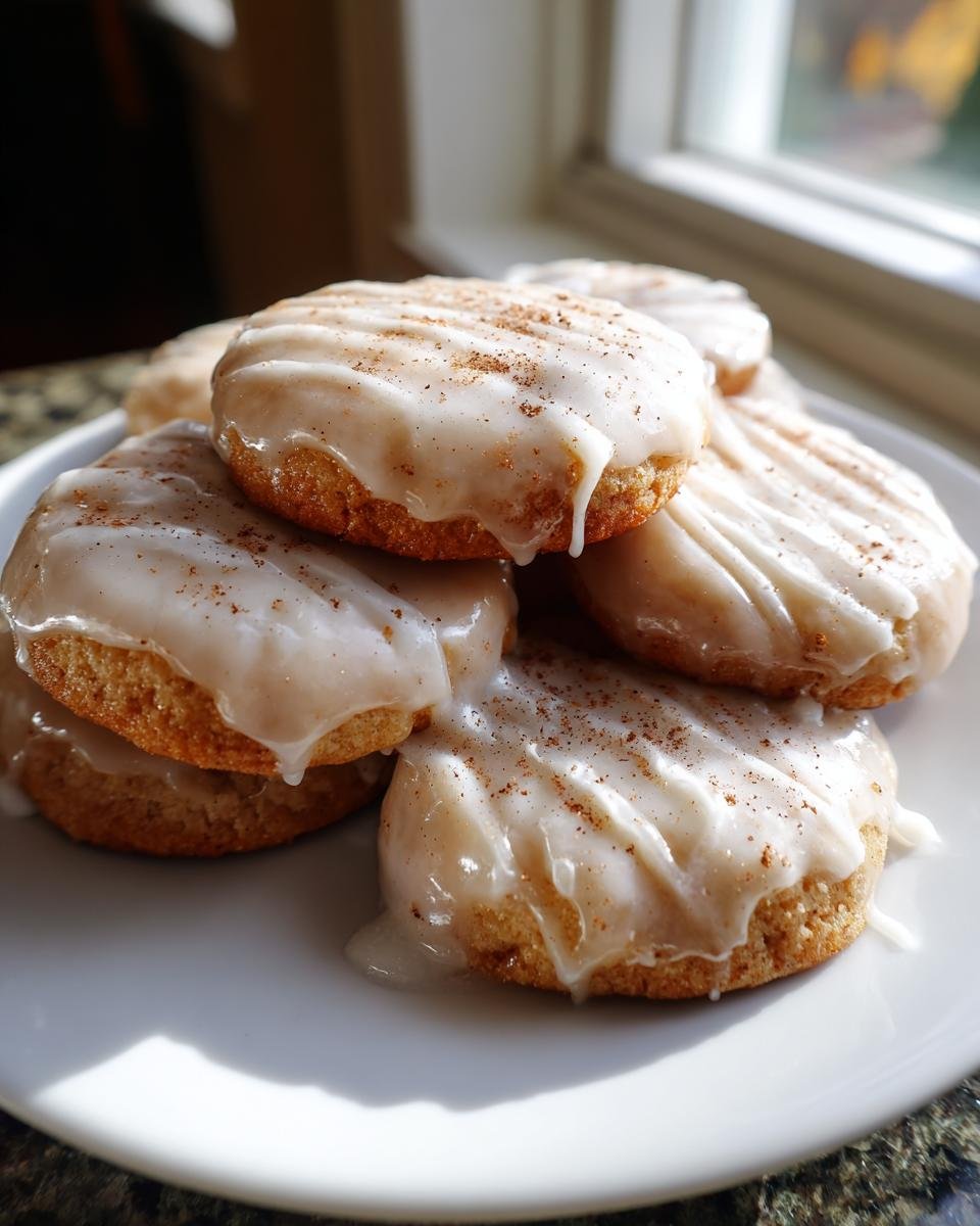 A stack of soft Frosted Eggnog Cookies covered in thick white glaze and sprinkled with cinnamon.