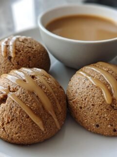 Three round Gingerbread Latte Cookies drizzled with caramel glaze, served next to a cup of coffee.