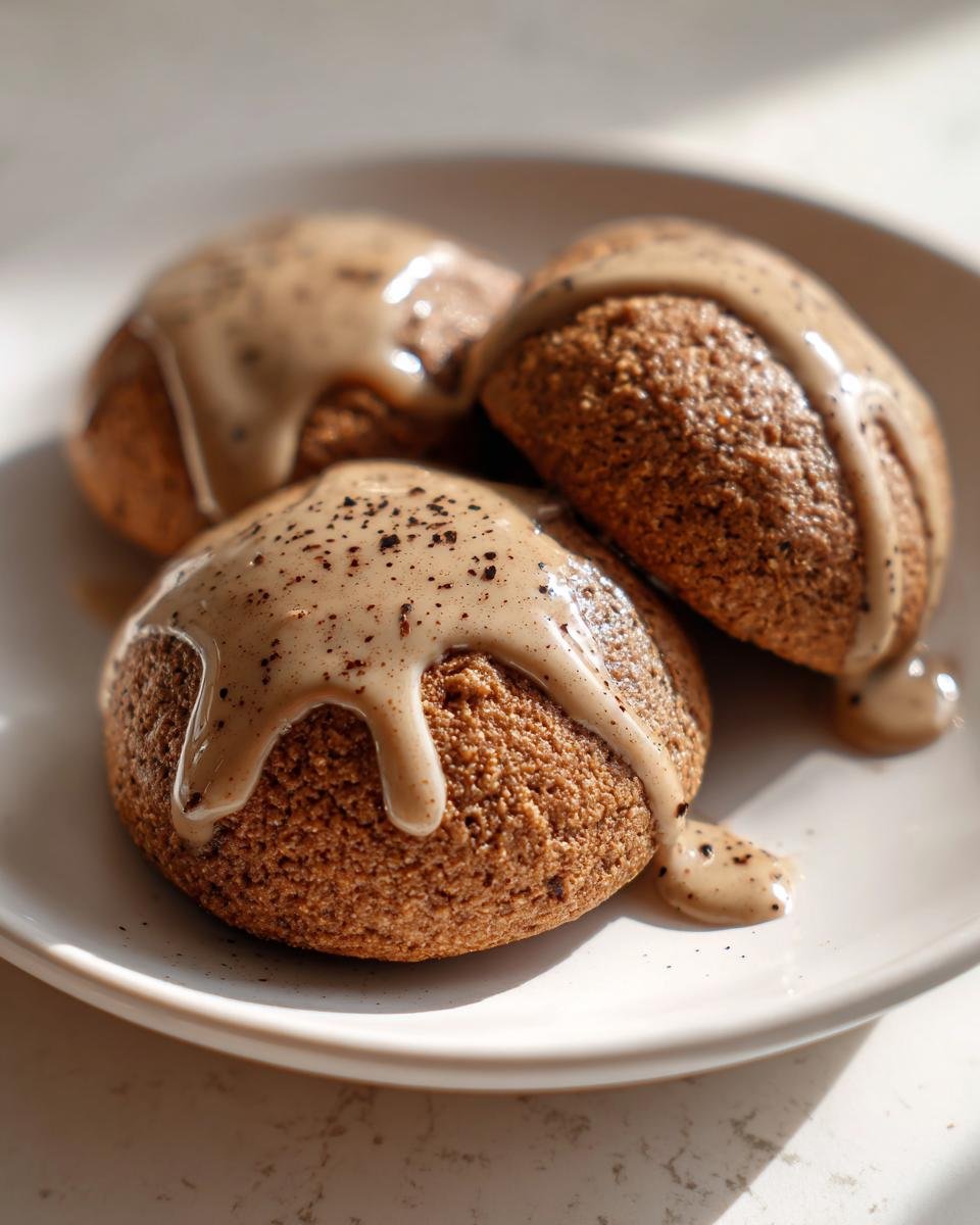 Three soft Gingerbread Latte Cookies drizzled with a light brown coffee glaze and sprinkled with dark specks.