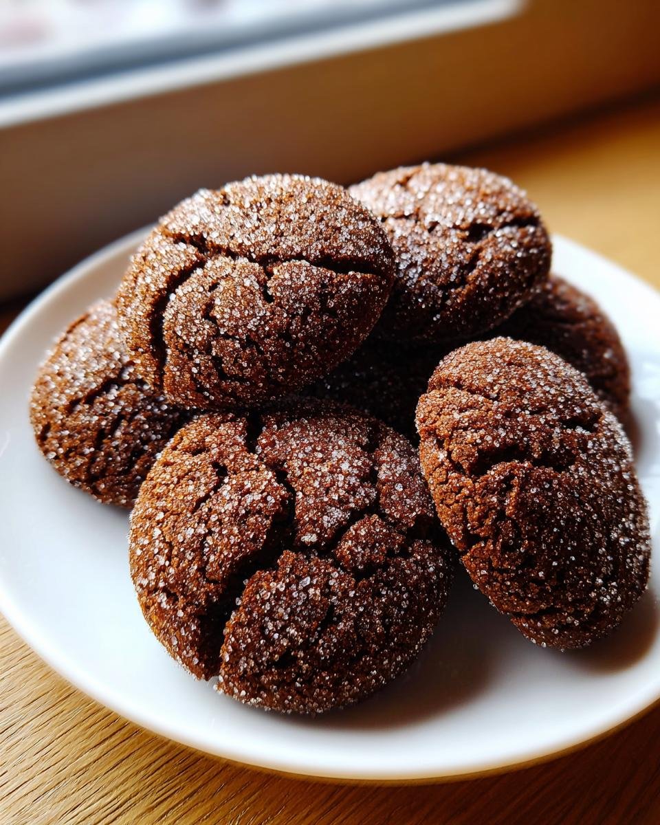 A stack of freshly baked, dark brown Gingersnap Cookies coated heavily in sparkling sugar crystals.