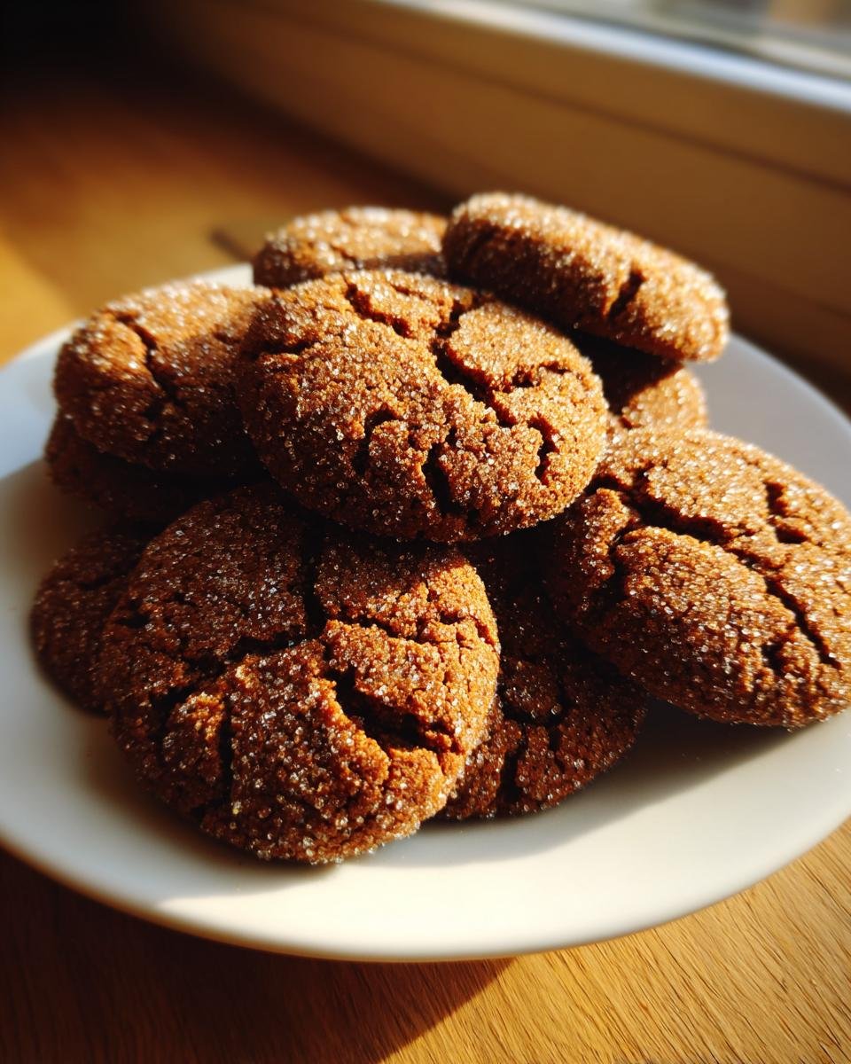 A pile of freshly baked, dark brown Gingersnap Cookies coated in sparkling sugar, sitting on a white plate.