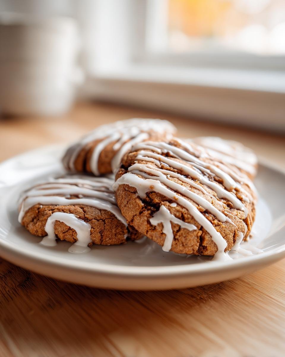 Close-up of three soft Cinnamon Roll Cookies drizzled with white icing on a small white plate.
