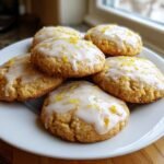 A close-up of several Glazed Lemon Cookies piled on a white plate, topped with white icing and bright yellow lemon zest.
