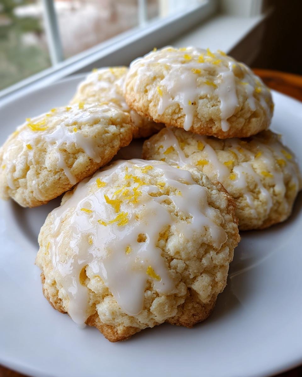 A stack of soft, crinkle-topped Glazed Lemon Cookies drizzled with icing and sprinkled with zest.