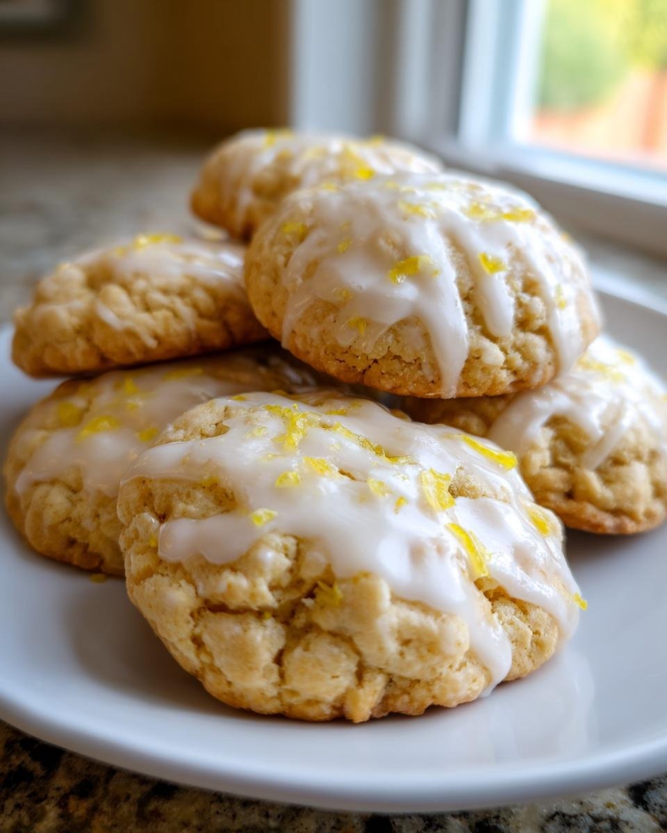 Close-up of several soft Glazed Lemon Cookies stacked on a white plate, drizzled with icing and lemon zest.