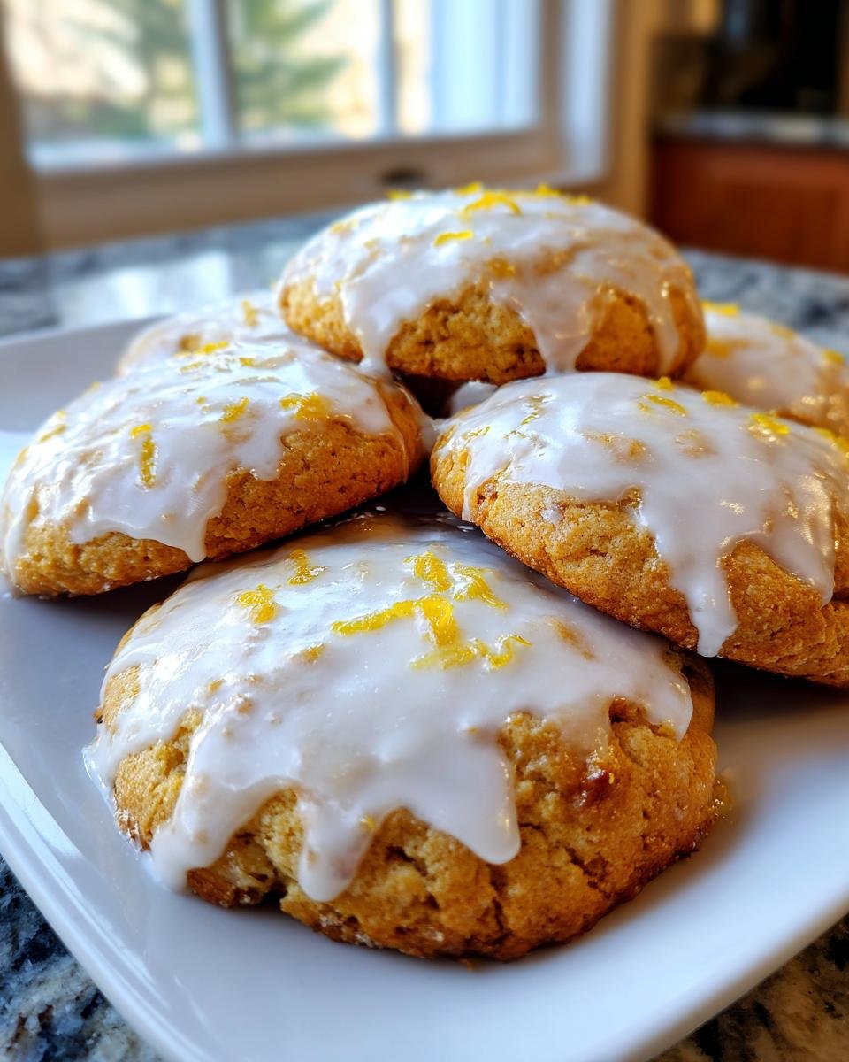 Close-up of several soft Glazed Lemon Cookies piled on a white plate, topped with white icing and bright yellow lemon zest.