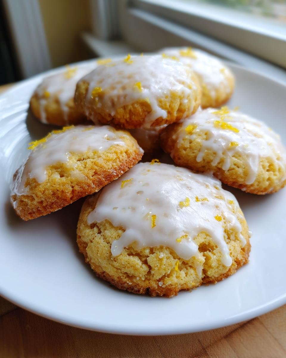 A stack of freshly baked Glazed Lemon Cookies topped with white icing and bright yellow lemon zest.