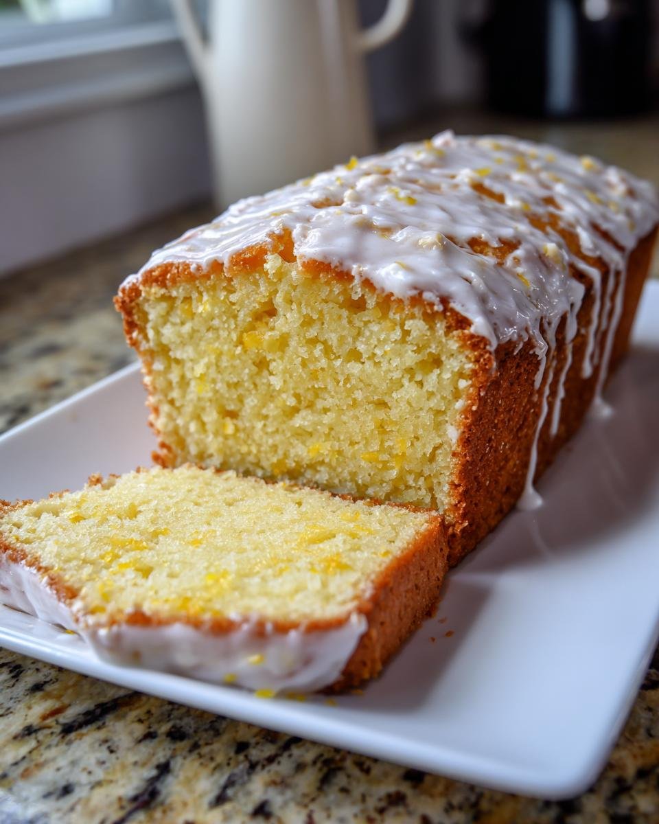 A loaf of glazed Pina Colada Pound Cake with one slice cut and resting beside it on a white platter.