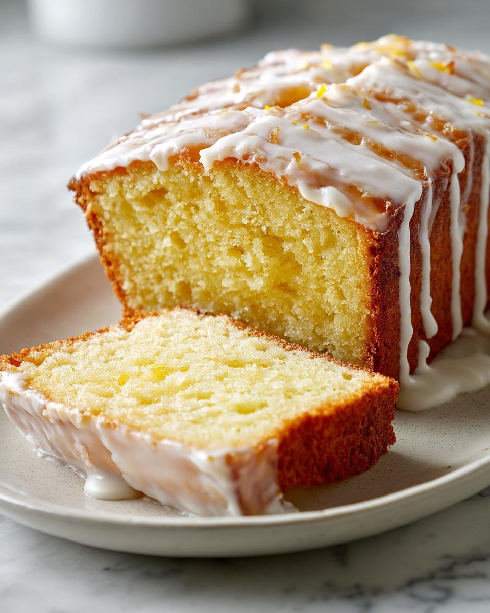 Close-up of a moist pound cake with white glaze dripping down the sides, featuring a slice cut from the loaf.