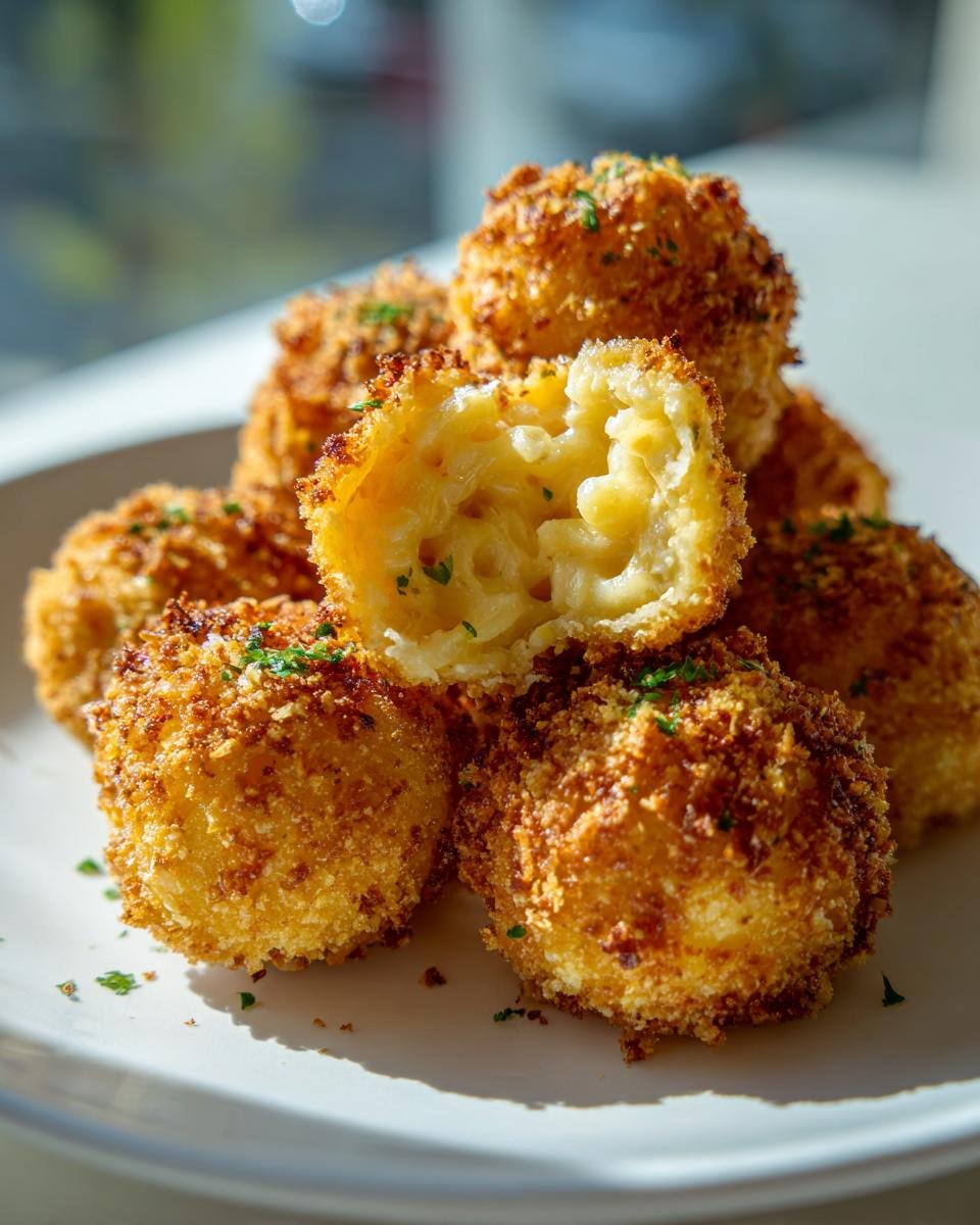 A stack of golden brown, crispy Mac And Cheese Bites, with one broken open revealing the creamy macaroni inside.