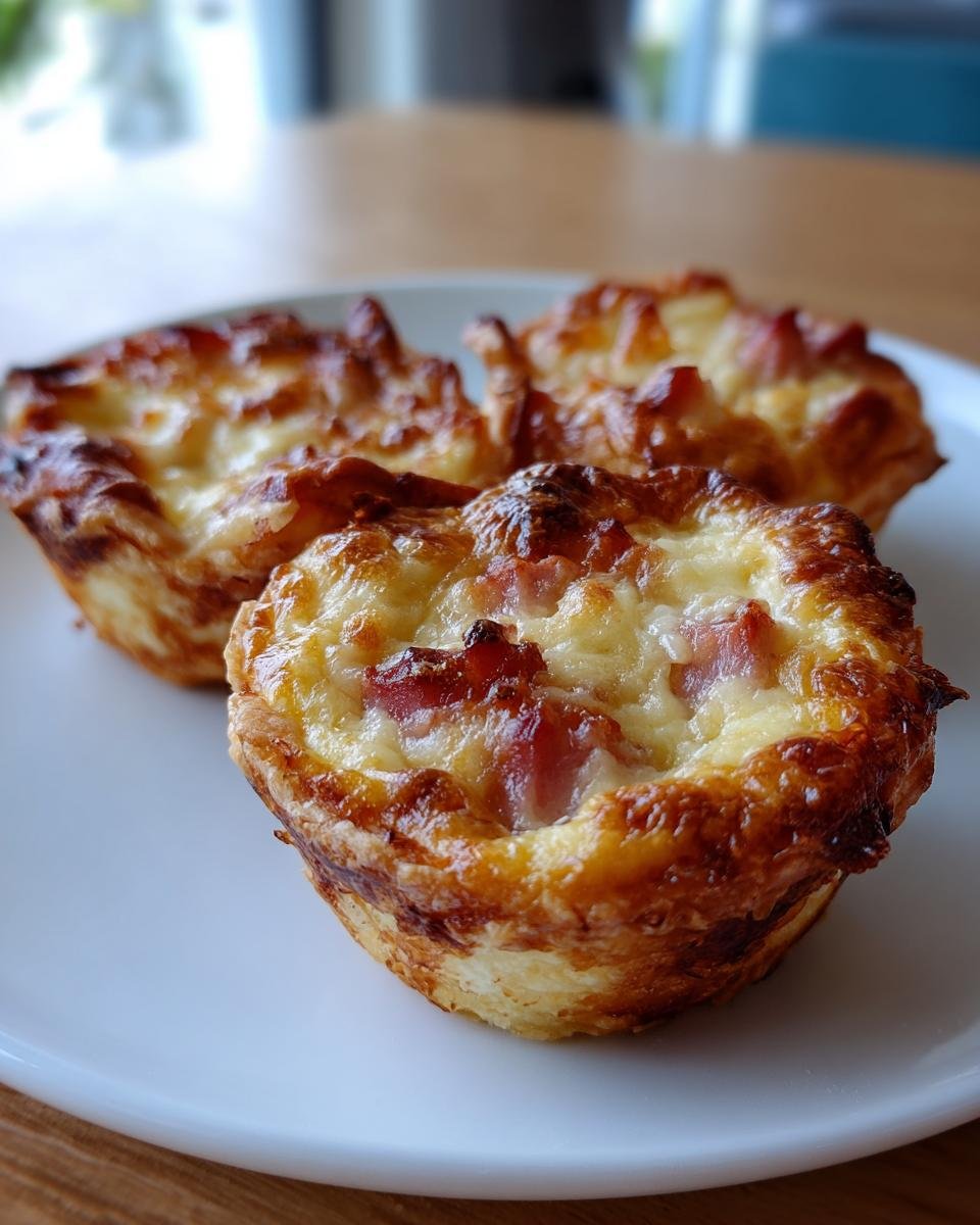 Close-up of three golden brown Mini Quiche appetizers topped with melted cheese and visible pieces of bacon.