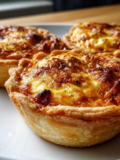 Three freshly baked Mini Quiche with golden, bubbly tops served on a white plate.
