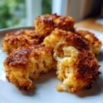 Close-up of a broken Mac And Cheese Bites showing melted, gooey cheese pulling apart from the crispy, golden-brown exterior.