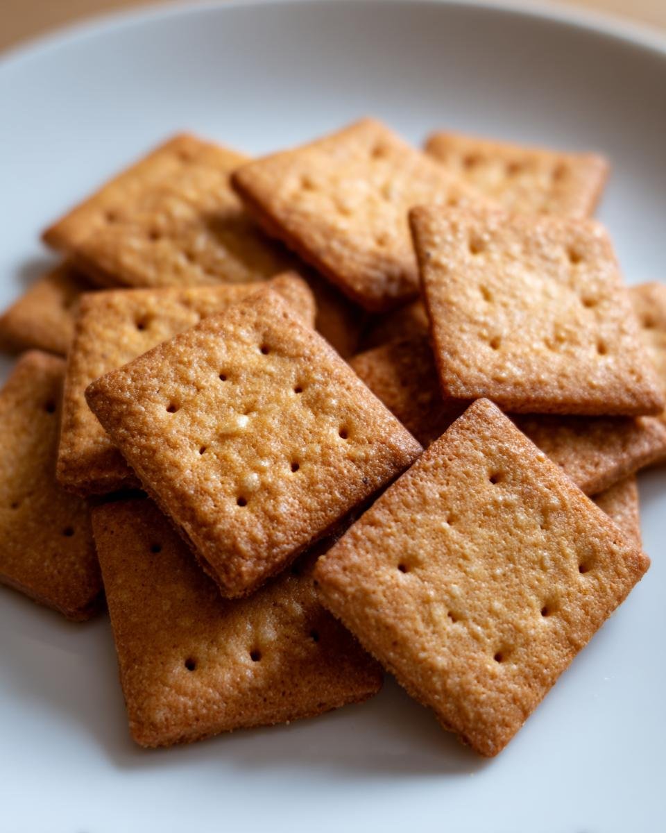 A pile of golden-brown, square Graham Cracker Cookies with small docking holes, resting on a light plate.