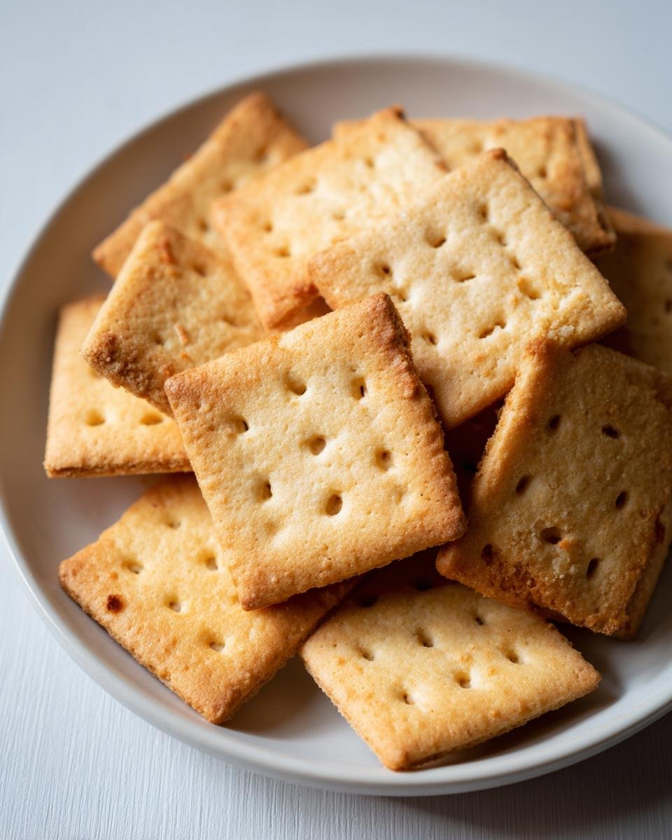 Close-up of several square, golden-brown Graham Cracker Cookies stacked on a light plate.