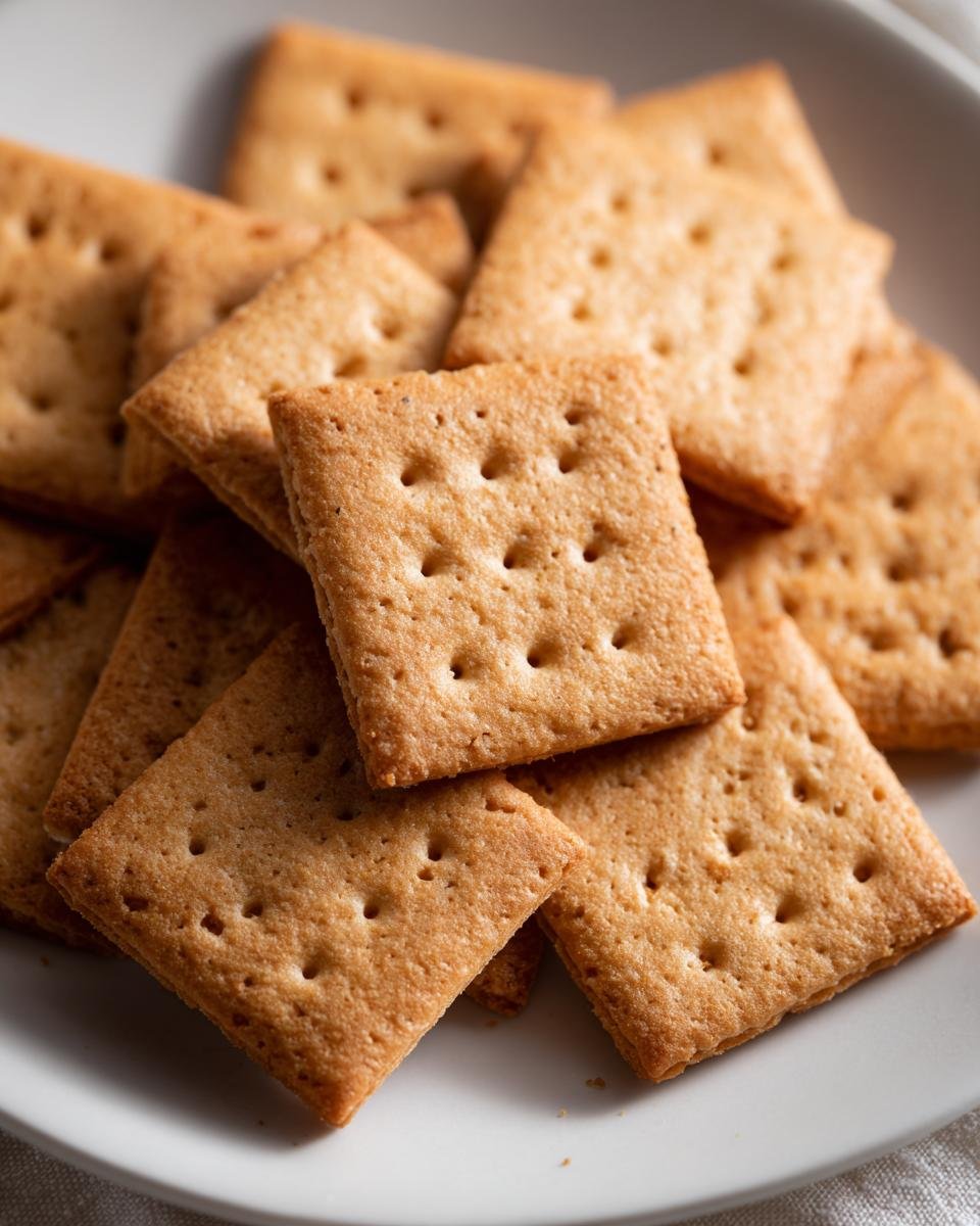 A close-up stack of golden brown, square Graham Cracker Cookies with visible docking holes on a white plate.