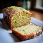 A loaf of moist Lemon Zucchini Bread, sliced to show the texture, topped with a lemon glaze and zest.