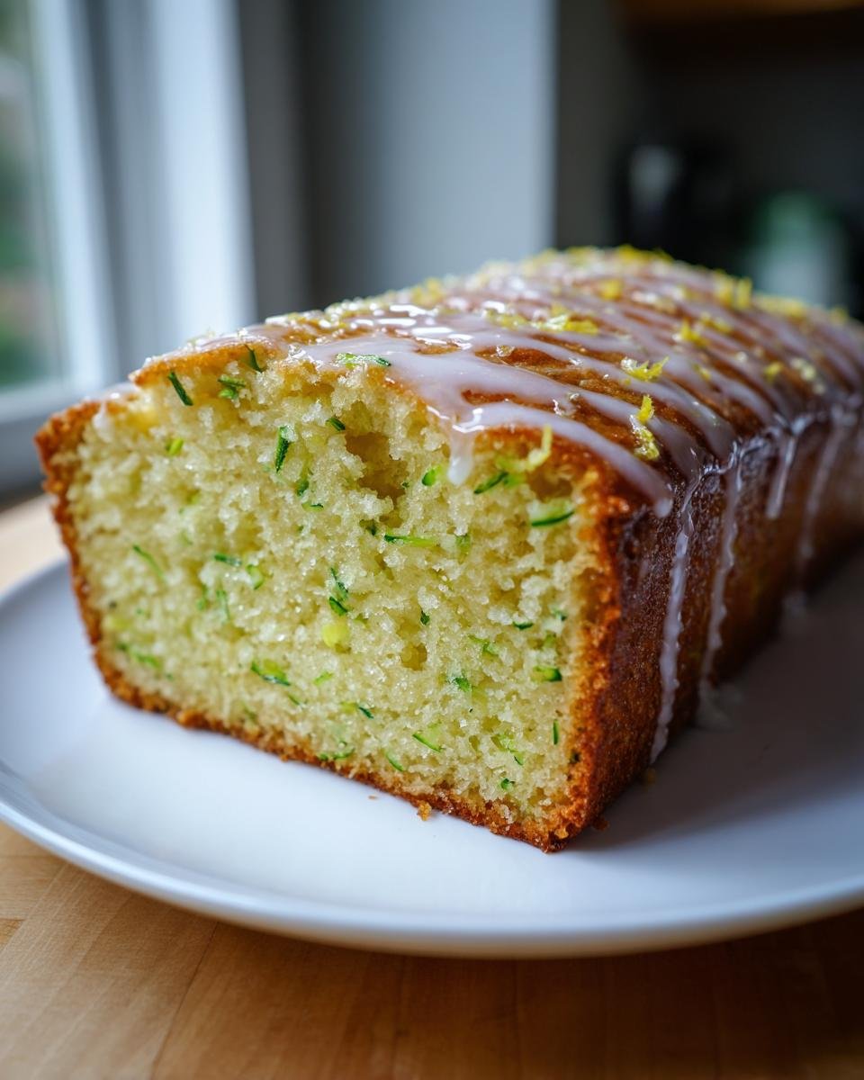 A close-up of a freshly baked Lemon Zucchini Bread loaf, drizzled with white glaze and topped with lemon zest.
