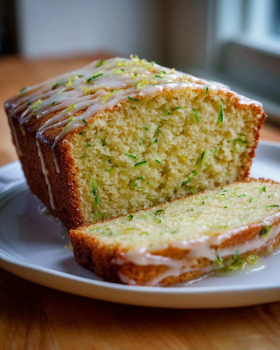 A loaf of moist Lemon Zucchini Bread, sliced, showing shredded zucchini and topped with a bright lemon glaze and zest.