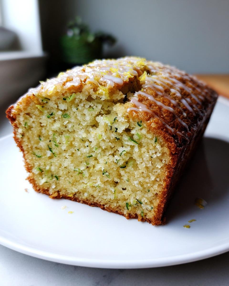 A close-up of a slice of moist Lemon Zucchini Bread, topped with a bright lemon glaze and zest.
