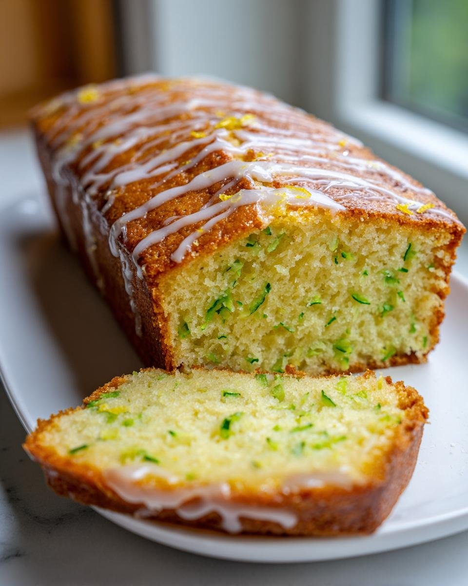 A loaf of moist Lemon Zucchini Bread with a slice cut off, drizzled with white lemon glaze and visible shreds of green zucchini.