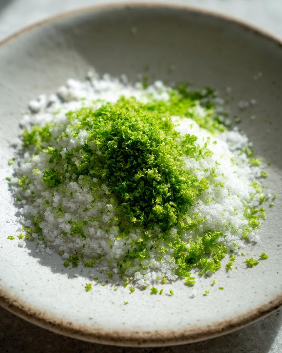 Close-up of bright green lime zest mixed into a small pile of coarse white salt, creating homemade Lime Salt.