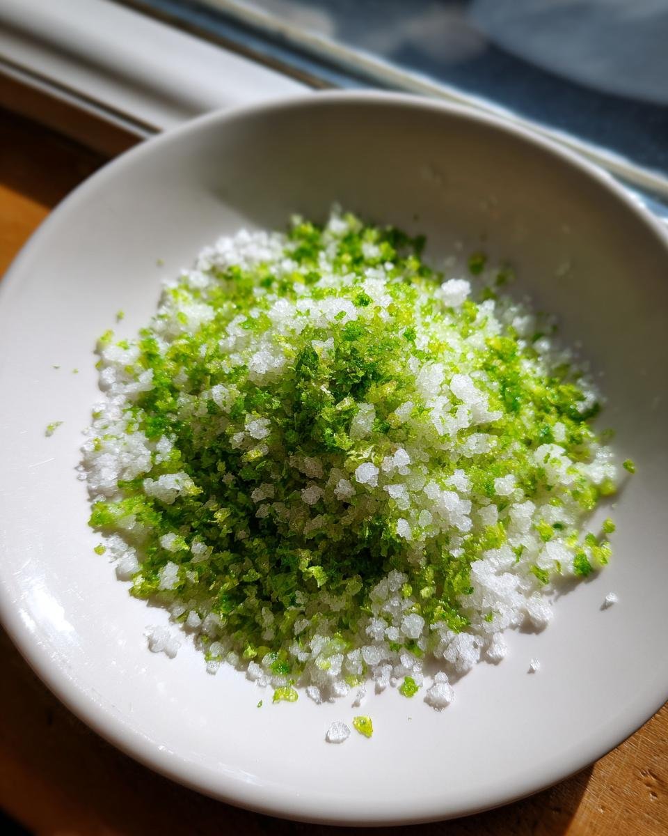 Close-up of bright green lime zest mixed with coarse white salt to create homemade Lime Salt.
