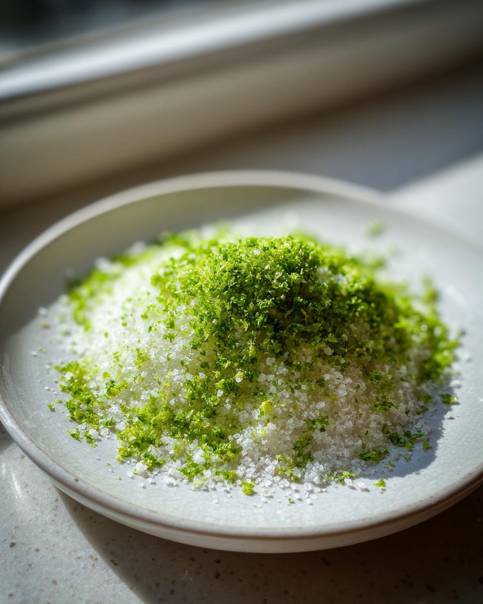 Close-up of coarse salt mixed with vibrant green lime zest to create homemade Lime Salt.