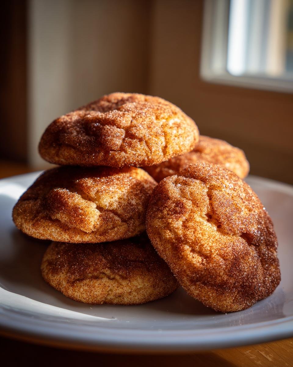 A close-up stack of freshly baked Maple Snickerdoodles generously coated in cinnamon sugar, resting on a white plate.