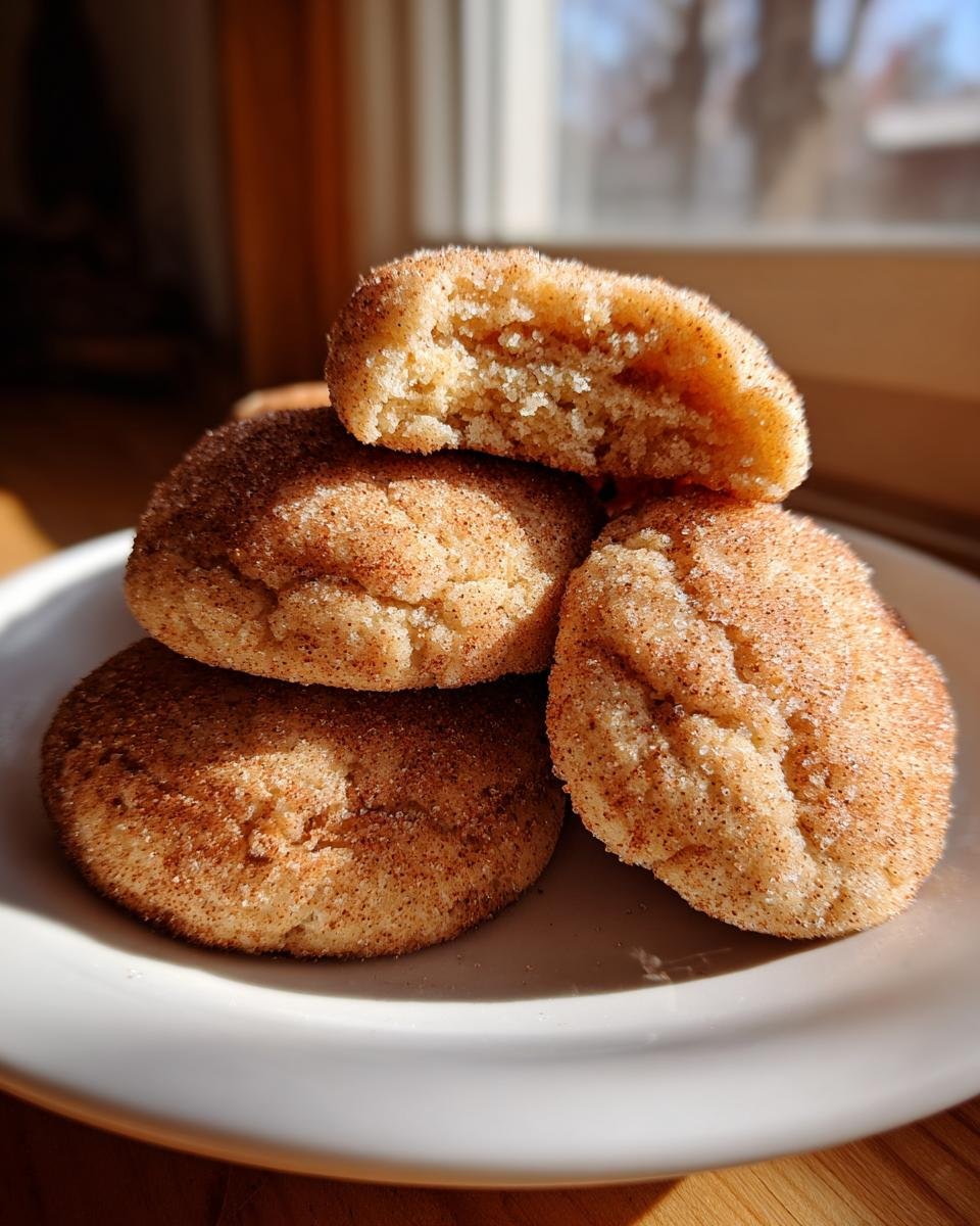 A stack of freshly baked Maple Snickerdoodles coated in cinnamon sugar, with one cookie broken open showing the soft interior.
