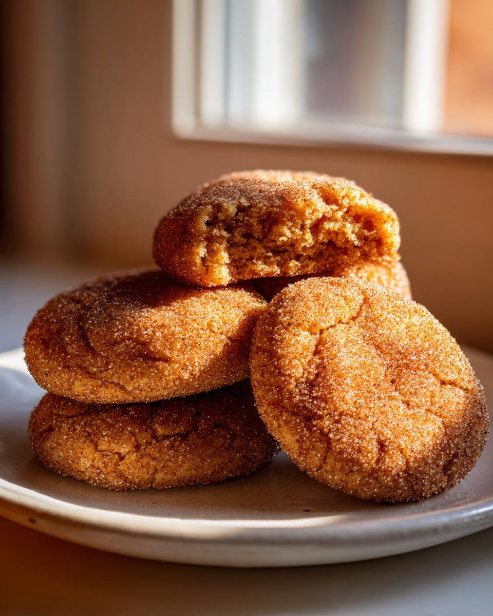 A stack of four soft Maple Snickerdoodles heavily coated in cinnamon sugar, with one cookie broken open on top.