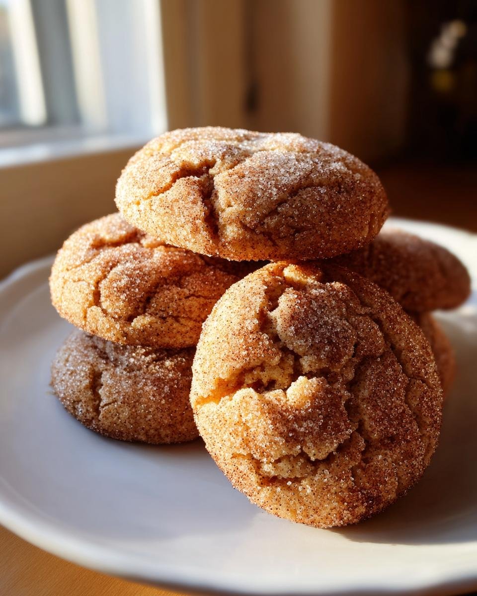 A close-up stack of freshly baked Maple Snickerdoodles generously coated in cinnamon sugar.