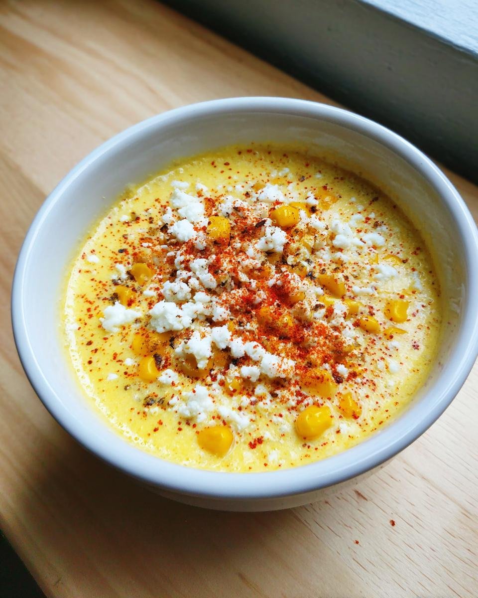 Close-up of a bowl of creamy Mexican Street Corn Soup topped with cotija cheese, corn kernels, and chili powder.